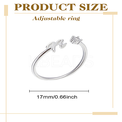 1Pc Letter Brass Rhinestone Open Cuff Rings for Women AJEW-LP0004-47N-S-1