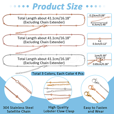 12Pcs 3 Colors 304 Stainless Steel Satellite Chain Necklaces Set for Men Women NJEW-NB0001-15-1