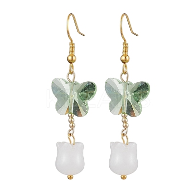Butterfly Transparent Glass with Natural White Jade Dangle Earrings EJEW-JE05804-02-1