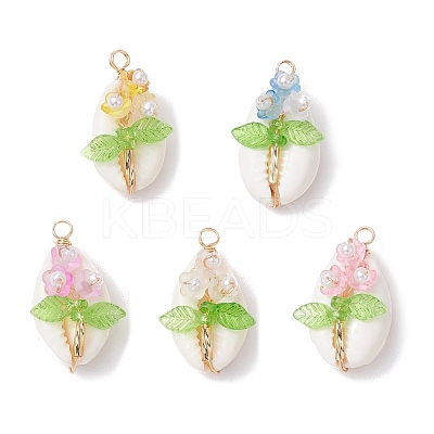 Natural Cowrie Shell Copper Wire Wrapped Flower Pendants PALLOY-JF03833-1