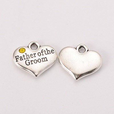 Wedding Theme Antique Silver Tone Tibetan Style Heart with Father of the Groom Rhinestone Charms LS-TIBEP-N005-13B-1