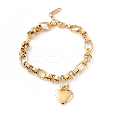 PVD Vacuum Plating 201 Stainless Steel Heart Charm Bracelet for Women STAS-P304-28G-1