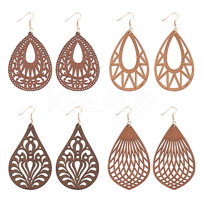 4 Pairs 4 Styles Natural Wood Hollow Out Teardrop Dangle Earrings EJEW-AN0003-55-1