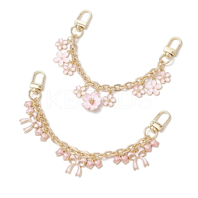 2Pcs 2 Styles Alloy Pink Enamel Flower Bowknot Pendant Cable Chain Purse Decorative Chains AJEW-BA00148-1