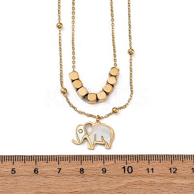 304 Stainless Steel Pave Natural White Shell Elephant Pendant Double Layer Necklaces NJEW-R026-06G-1