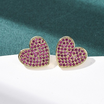 Heart Brass Micro Pave Cubic Zirconia Stud Earrings EJEW-H178-01G-1
