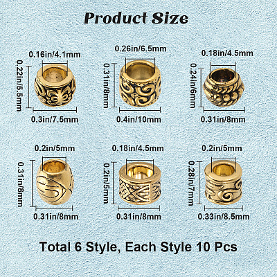 60Pcs 6 Styles Tibetan Style Alloy European Beads TIBEB-SP0001-06-1