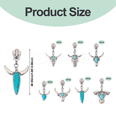 14Pcs 7 Styles Cattle Head Alloy & Synthetic Turquoise Zipper Sliders HJEW-TAC0102-1
