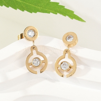 Flat Round 304 Stainless Steel Micro Pave Clear Cubic Zirconia Dangle Stud Earrings EJEW-Z089-28G-1
