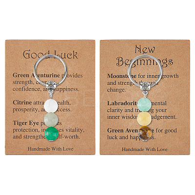 2Pcs 2 Styles Alloy with Gemstone Beads and Iron Keychains KEYC-FH0001-63-1