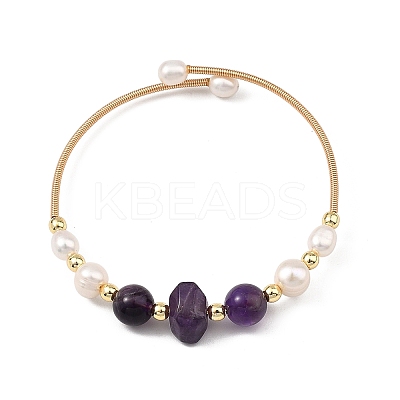 Round & Nuggets Natural & Synthetic Gemstone & Cultured Freshwater Pearl Beaded Bangles BJEW-JB14091-1