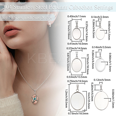 60Pcs 3 Styles 304 Stainless Steel Pendant Cabochon Settings STAS-BBC0009-27-1