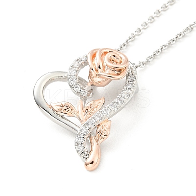 Clear Cubic Zirconia Heart with Rose Pendant Necklace NJEW-F293-01A-RG-1
