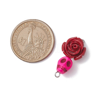 5Pcs 5 Colors Synthetic Coral & Turquoise Dyed Flower Skull Connector Charms PALLOY-JF02783-1