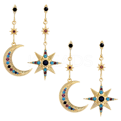 2 Pairs Colorful Rhinestone Moon & Star Dangle Stud Earrings EJEW-HY0001-33-1
