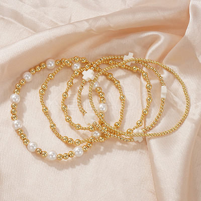 5Pcs 5 Styles Brass & Resin Imitation Pearl Round Beads Stretch Jewelry for Women YN2620-1-1