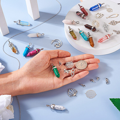 DIY Natural & Synthetic Mixed Gemstone Bullet Pendant Necklace Making Kit DIY-TA0004-91-1