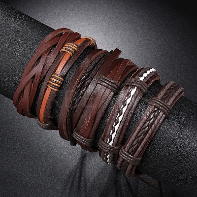 6Pcs 6 Style Adjustable Braided Imitation Leather Cord Bracelet Set BJEW-F458-09-1
