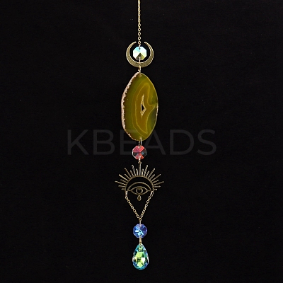 Natural Agate Piece & Metal Evil Eye Moon Hanging Ornaments PW-WG66301-05-1