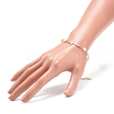 201 Stainless Steel Cross Link Bracelet with Natural Pearl Beaded Chains for Women BJEW-JB08543-1