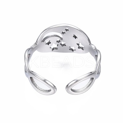 Non-Tarnish 304 Stainless Steel Moon and Star Open Cuff Ring RJEW-T023-12P-1