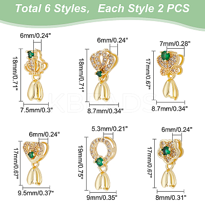 12Pcs 6 Style Brass Micro Pave Green Cubic Zirconia Ice Pick Pinch Bails Pendants KK-PH0004-81-1
