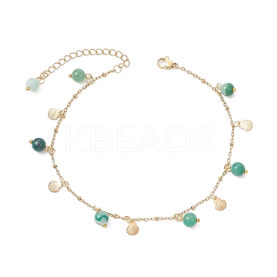 3Pcs 3 Colors Dyed Natural Banded Agate Round & 304 Stainless Steel Shell Shape Tassel Anklets for Women AJEW-AN00702-1