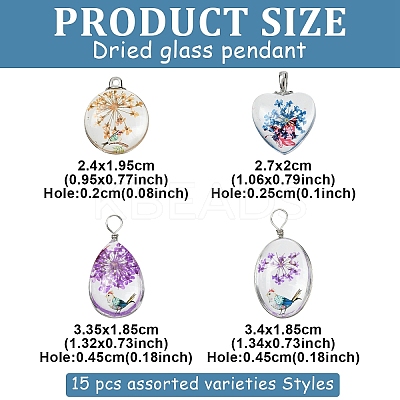 15Pcs 5 Styles Transparent Glass Pendants GLAA-YW0004-65-1