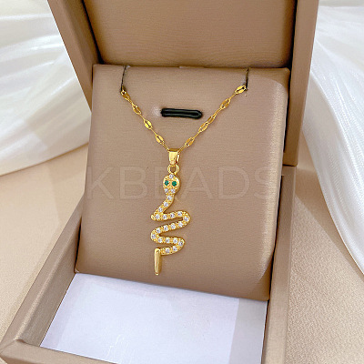 Brass Pave Full Cubic Zirconia Snake Pendant Necklaces LS-NJEW-D309-02G-B-1