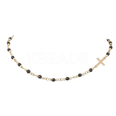 Faceted Dyed Natural Agate Round Beads & 304 Stainless Steel Tiny Cross Handmade Link Chain Necklaces NJEW-JN05842-02-1