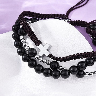 Adjustable Natural Obsidian & Hematite Braided Bead Bracelets BJEW-U035-01A-1