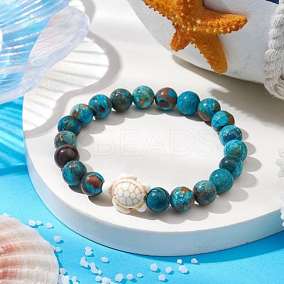 Summer Beach Turtle Dyed Synthetic Turquoise & Round Ocean Jasper Beaded Stretch Bracelets for Women BJEW-JB10937-02-1