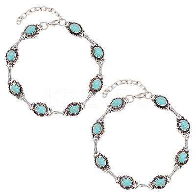 2Pcs Acrylic Imitation Turquoise Oval Link Chain Anklet AJEW-AN0001-04-1