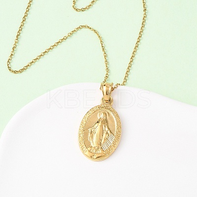 304 Stainless Steel Oval with Virgin Mary Pendant Necklaces for Women NJEW-B149-02G-1