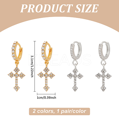 2Pcs 2 Colors Brass Cross Dangle Hoop Earrings with Rhinestone EJEW-AN0004-64-1