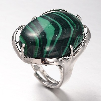Adjustable Oval Brass Malachite Wide Band Rings RJEW-L062-03K-1