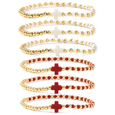 6Pcs Brass Round Beads Stretch Bracelets TI2646-1-1
