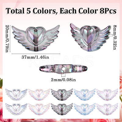 40pcs 5 Colors Transparent Acrylic Heart Wing Beads AJEW-SP0001-10-1
