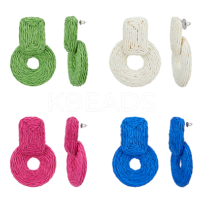 4 Pairs 4 Colors Raffia Grass Donut Dangle Stud Earrings EJEW-FI0002-30-1