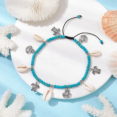 Natural Shell & Alloy Tortoise Charm Anklet AJEW-TA00022-1