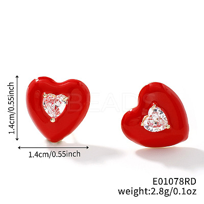Brass Cubic Zirconia Heart Stud Earrings HT3494-2-1