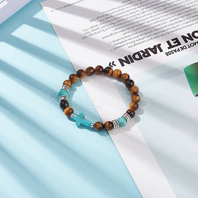 Natural Tiger Eye & Synthetic Turquoise(Dyed) Cross Beaded Bracelet BJEW-TA00179-01-1