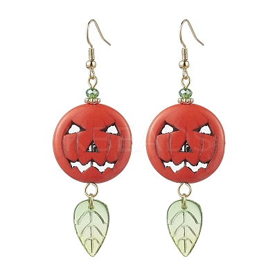 Synthetic Turquoise Pumpkin & Glass Leaf Dangle Earrings EJEW-TA00408-1