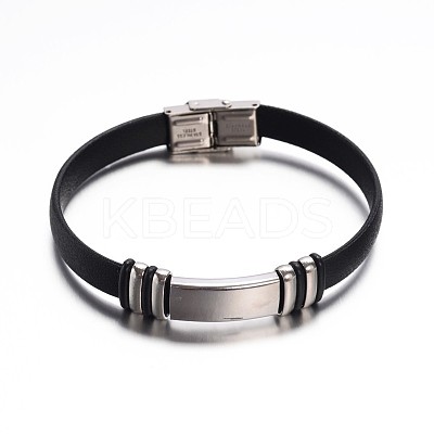 Rectangle Black Color PU Leather ID Cord Bracelets BJEW-G467-09-1