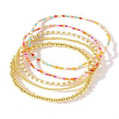 5Pcs 5 Styles Round Brass & Column Glass Seed Beads Stretch Bracelets YH8018-3-1