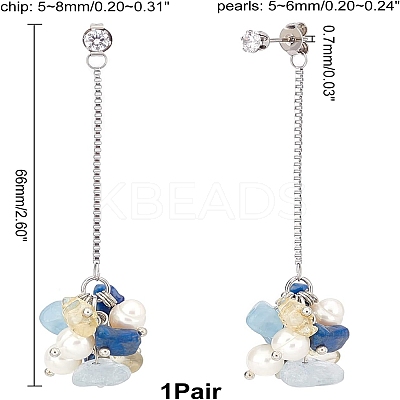 1 Pairs Natural Mixed Gemstone Chips & Pearl & Cubic Zirconia Cluster Dangle Stud Earrings EJEW-UN0002-26-1