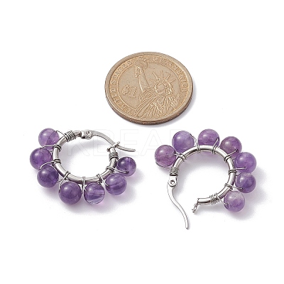 Natural & Synthetic Mixed Gemstone Round Beaded Hoop Earrings EJEW-JE05412-1