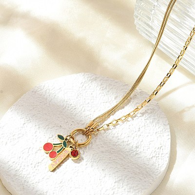 304 Stainless Steel Red Enamel and Siam Rhinestone Cherry Pendant Necklaces for Women NJEW-M091-02G-1