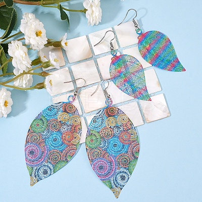 4 Pairs 4 Style Spray Painted Stainless Steel Holllow Leaf Dangle Earrings EJEW-SZ0001-35-1