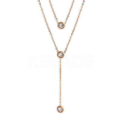 Flat Round 304 Stainless Steel Micro Pave Clear Cubic Zirconia Pendant Double Layer Y Necklaces for Women FS-WG7B3FB-01-1